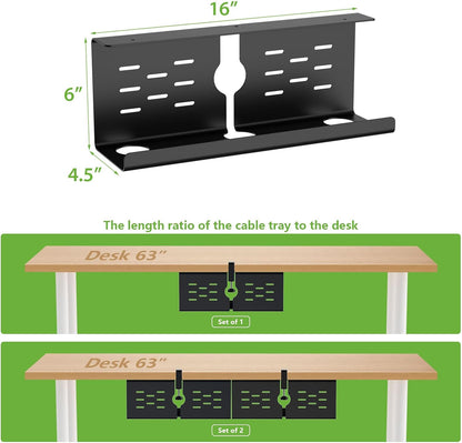 KEEGH 16" Under Desk Cable Management Tray, No Drill Clamp Mount, Desk Cord Organizer Upgrade Capacity, Cord Management Tray for Home Office, Gaming Desk, Standing Desk, Black, 2 Pack