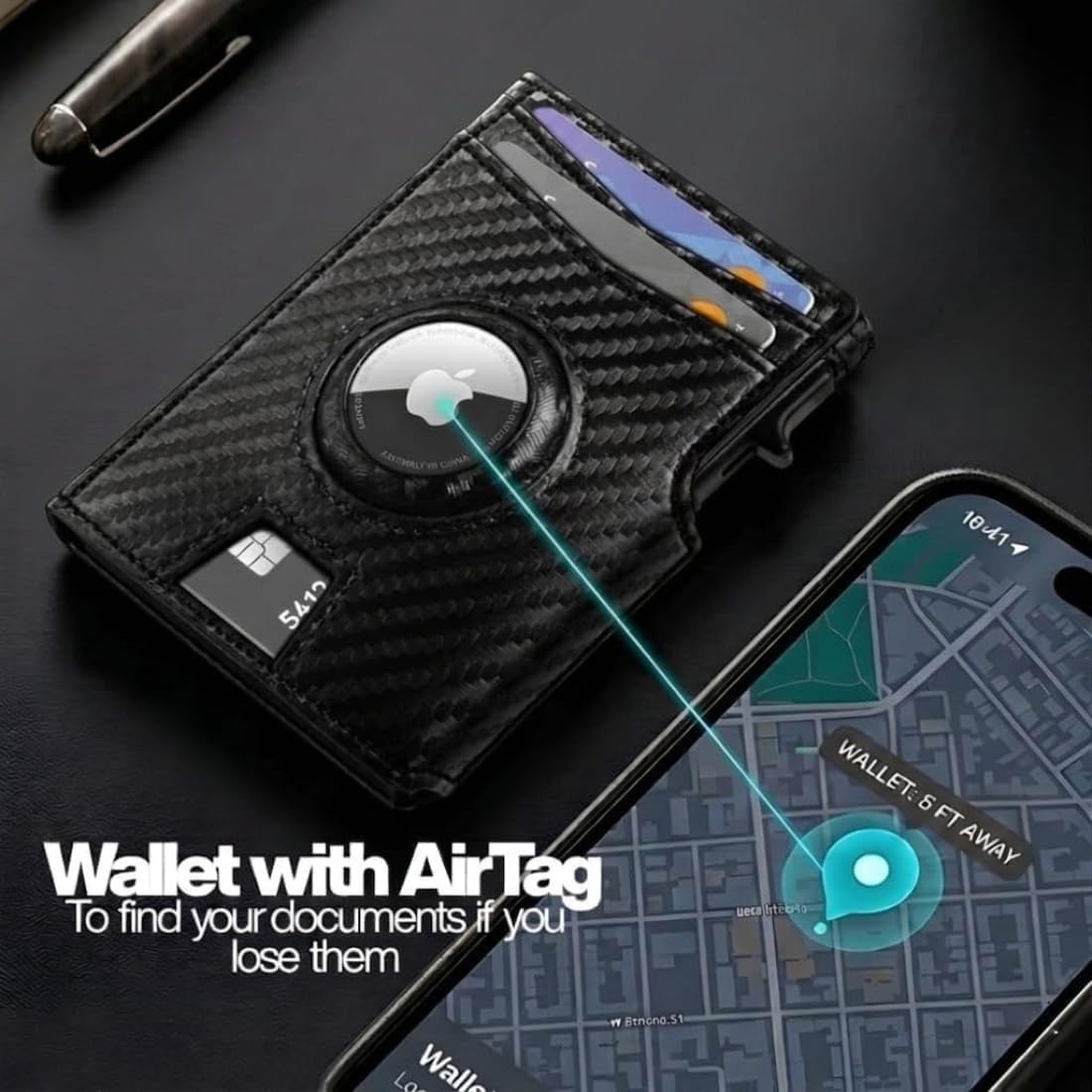 Mens Wallet with AirTag Holder, RFID Blocking, Pop-Up Aluminum Card Holder, ID Window, Money Clip, Fits up to 12 Cards, Slim & Minimalist, Smart, MicroFiber (Black), Gift Box, Billetera para Hombre