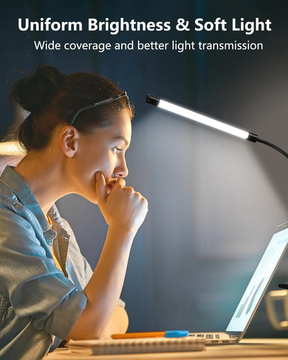 JHD Led Desk Lamp with Clamp - 10 Brightness Levels, 12" Flexible Gooseneck,Eye Protection USB Lamp - Suitable for Home Office, Reading, Bed Light,Quality Black Metal Clamp Light,Headboard Lamp