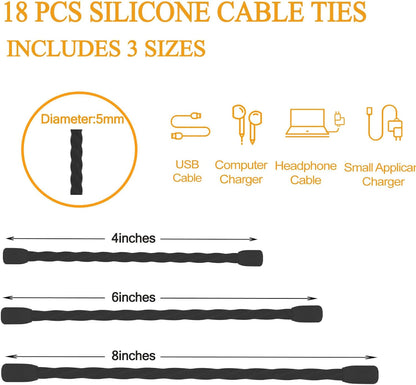 Silicone Cable Ties with Holes, 24PK Reusable Twist Ties for Bundling - 6in, 12in, 18in - Indoor/Outdoor Use (Black)