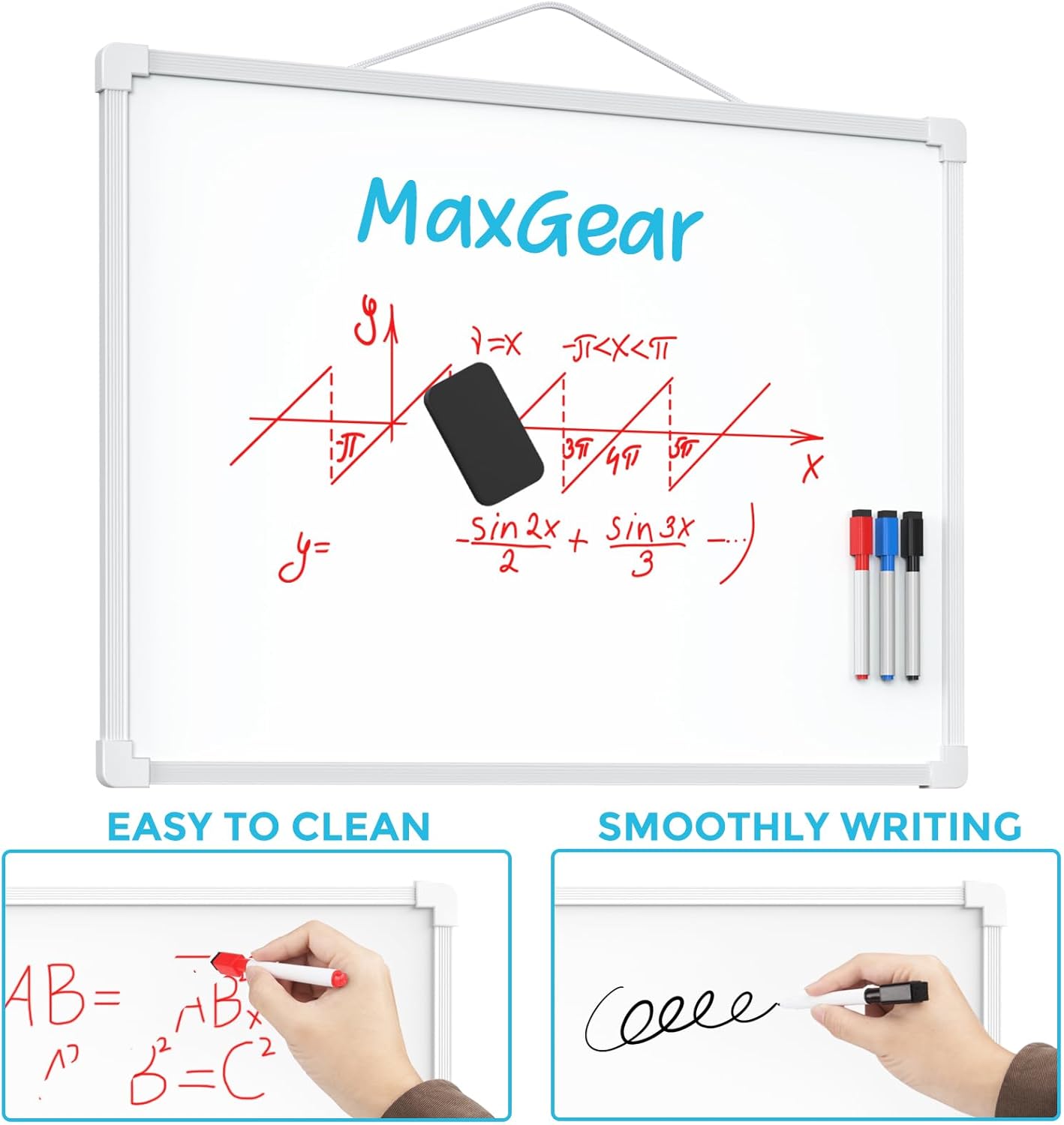 MaxGear Double-Sided Dry Erase Board for Wall, 16"x12" Hanging Whiteboard, Small Dry Erase White Board with 3 Markers and 4 Magnets, Portable Whiteboard for Planning, Drawing, Memo, to Do List