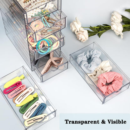 Clear Hair Accessories Organizer Box with 6 Layers, Acrylic Stackable Storage Drawers for Hair Ties, Claw Clips, Bow Holder for Girls, Vanity Makeup Organizer, Bathroom or Desk Countertop Container