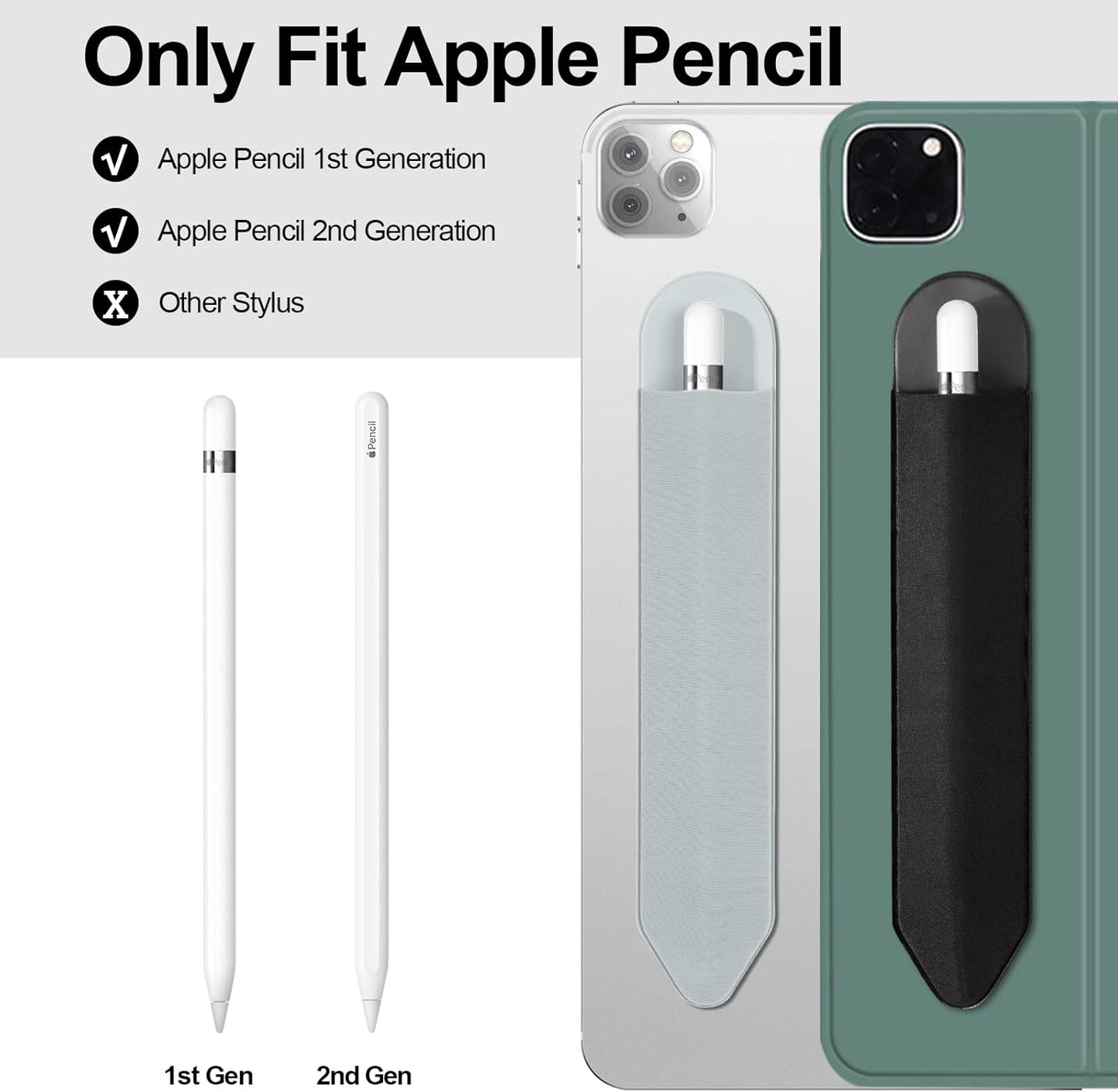 Apple Pencil Holder, 5 Pack Durable Elastic Apple Pencil (1st and 2nd Gen) Case Pocket, Adhesive Sleeve Pouch for iPad 8.3/9.7/10.2/10.5/11/12.9 Inch (Black Black)