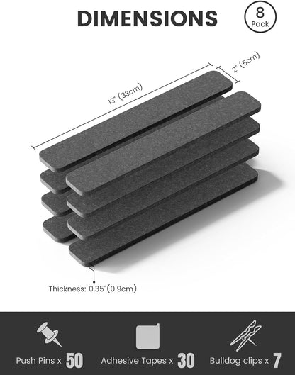 Fluxynara Cork Board Alternative Felt Strip Board 8-Pack 13"x2", Office Pin Board with 50 Push Pins, Adhesive Install for Bedroom Door & Home Office(Linen Dusk)