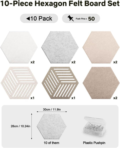 Hexagon Cork Board Alternative 10 Pack Felt Bulletin Board Tiles for Wall Decor, 12" Self-Adhesive Frameless Pin Board with 50 Push Pins for Office, Classroom, Home, Vision Board, Message Center