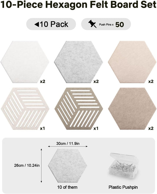 Hexagon Cork Board Alternative 10 Pack Felt Bulletin Board Tiles for Wall Decor, 12" Self-Adhesive Frameless Pin Board with 50 Push Pins for Office, Classroom, Home, Vision Board, Message Center