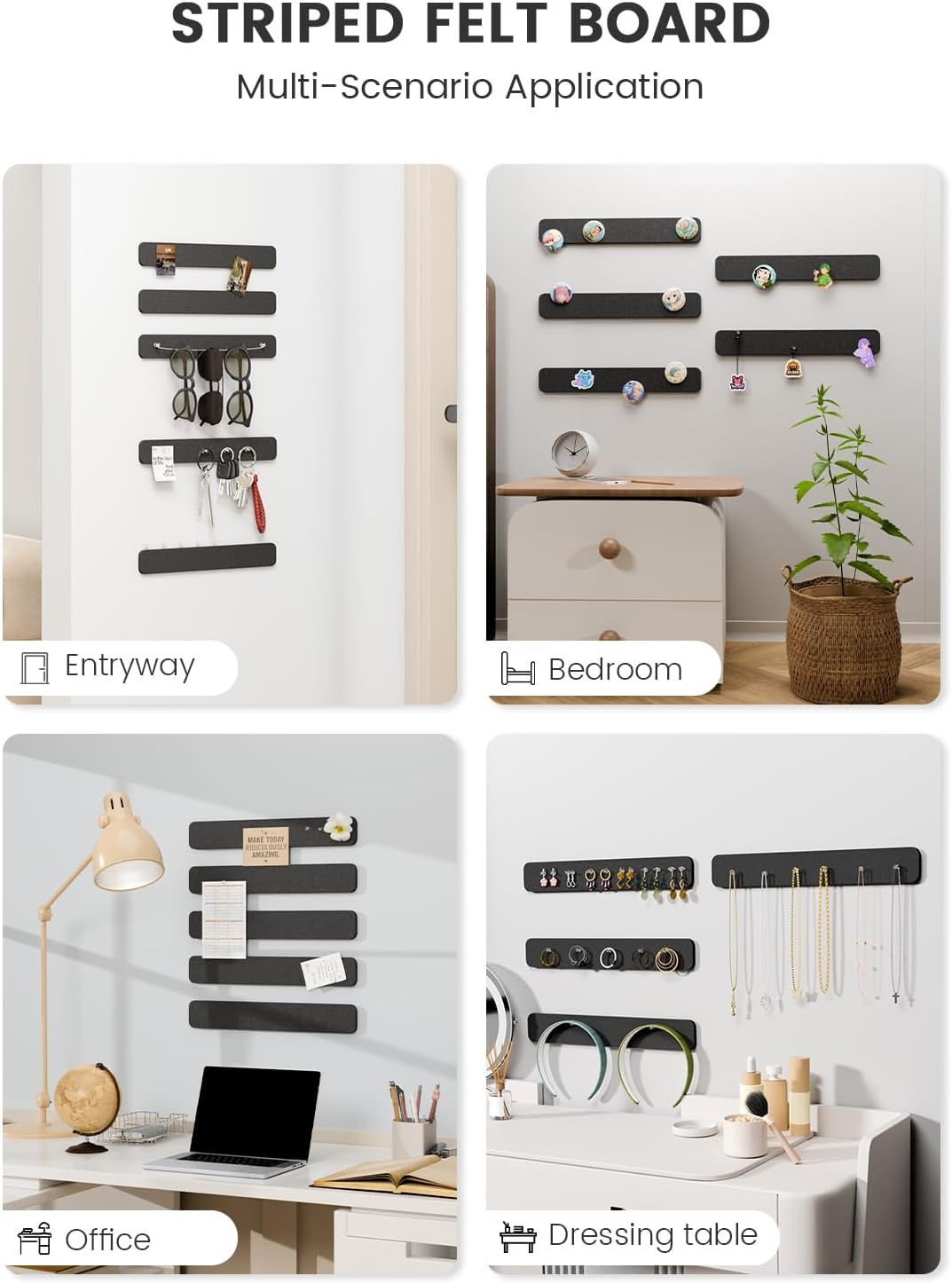 Fluxynara Cork Board Alternative Felt Strip Board 8-Pack 13"x2", Office Pin Board with 50 Push Pins, Adhesive Install for Bedroom Door & Home Office(Linen Dusk)
