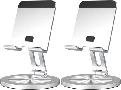 Phone Stand for Desk, 360° Rotating Dual Adjustable Foldable Holder, Heavy Solid All-Aluminum Base Anti-Slip Stable Support for Home Office Study, Fits iPhone Galaxy 4-8" Phones (Silver)