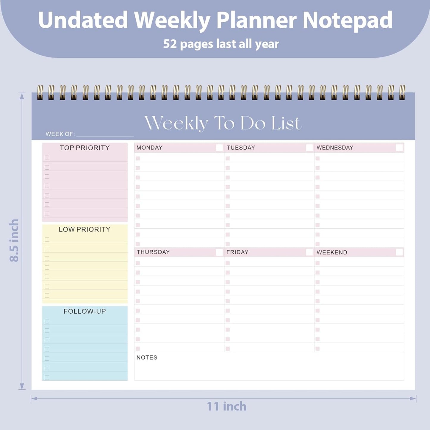 Weekly To Do List Notepad, Undated Planner with 52 Sheets (8.5''x11''), Desk Weekly Planner for Women & Man, Home School & Work