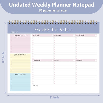 Weekly To Do List Notepad, Undated Planner with 52 Sheets (8.5''x11''), Desk Weekly Planner for Women & Man, Home School & Work