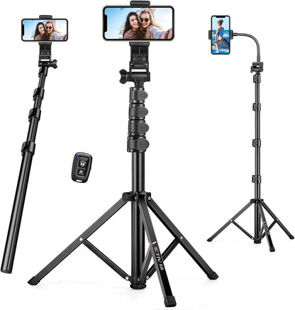 Phone Tripod, 86" Tall Tripod for iPhone with Flexible Gooseneck & Remote, Portable Aluminum Cellphone Stand for Selfies, Video Recording,Travel, Compatible with iPhone Android