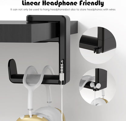 Rotating Headphone Hook - Under Desk Headphone Holder with 360-Degree Adjustable Rotation&Cable Clip Organizer - Black
