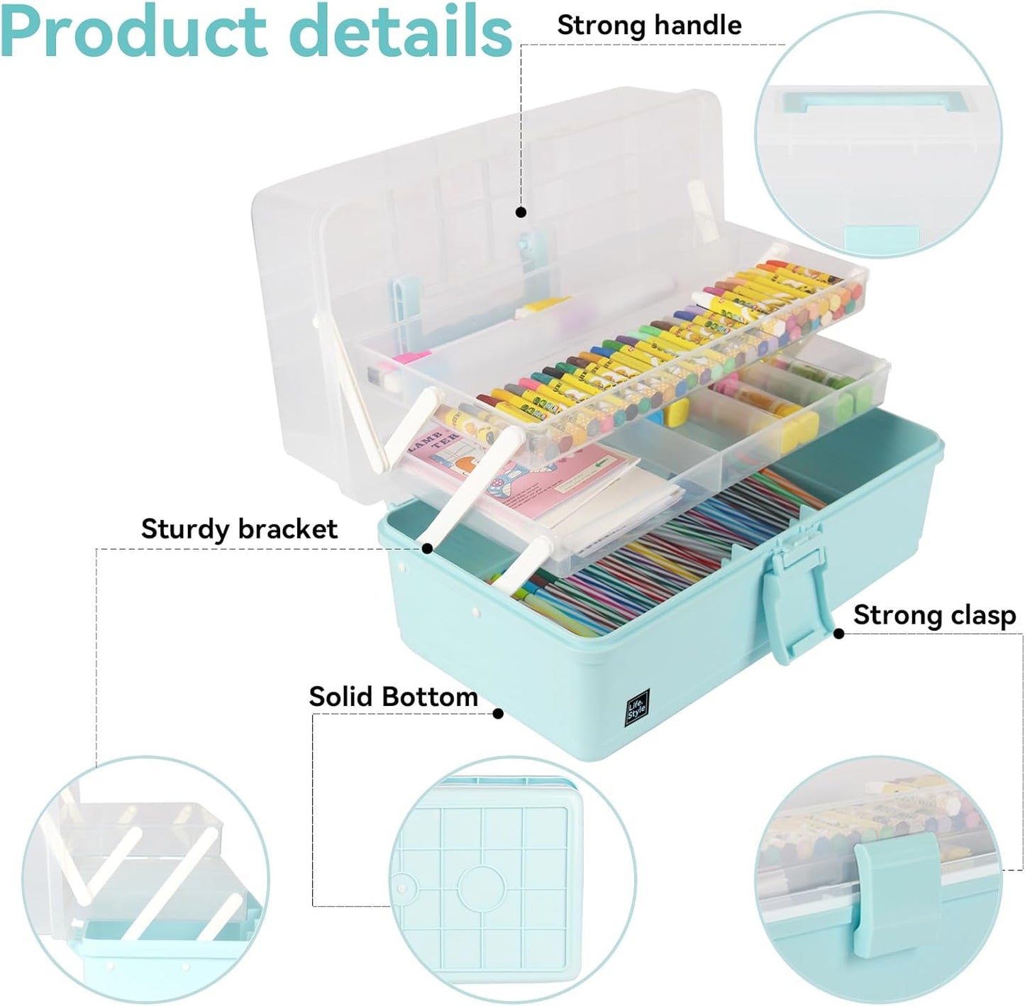 WEWLINE 13-Inch Art Storage Box 3-Layers Plastic Storage Box with Handle Craft Art Bin Portable for Home School Office Travel, Black