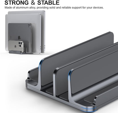 YICOSUN Dual-Slot Aluminum Vertical Laptop Stand for Desk - Adjustable Width Dock for MacBook, Surface, Samsung, HP, Dell up to 17.3 inches - Space-Saving & Protective Design - Gray