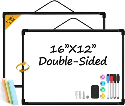 Small Dry Erase Board for Wall, 16" x 12" Double-Sided Hanging Whiteboard, Magnetic White Board with 4 Markers, 4 Magnets and 3 Mini Sticky Notes, Portable Whiteboard for Kids, School, Home, Office