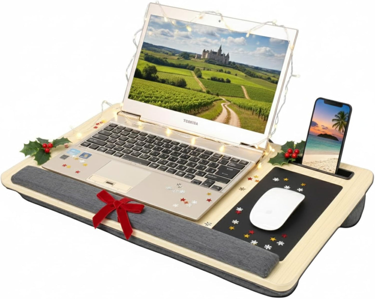 Japard Laptop Lap Desk with Mousepad, Cushion, Wide 21", Fits up to 15.6 inch, Portable Handle, Tablet Pen Phone Holder Wood Natural Home Office Gift