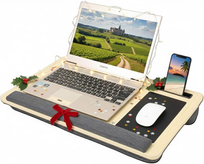 Japard Laptop Lap Desk with Mousepad, Cushion, Wide 21", Fits up to 15.6 inch, Portable Handle, Tablet Pen Phone Holder Wood Natural Home Office Gift