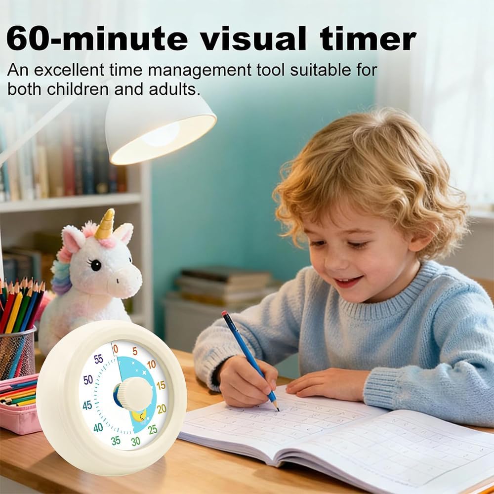 Visual Timer for Children & Adults, 60 Minutes Countdown Timer for Children, Quiet Time Management Tool, Time Management Tool for Children's Desk, Office Table and Meetings (White Moon)