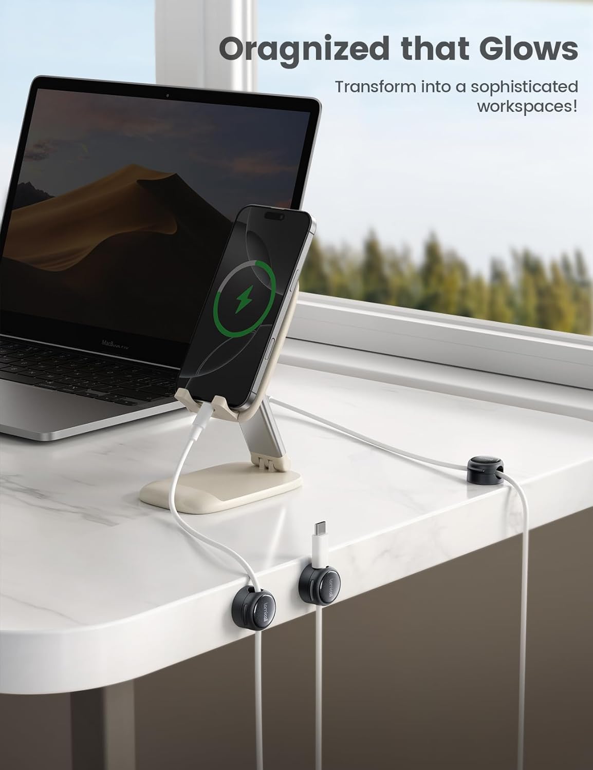 Lamicall 8 Pack Magnetic Cable Clips Cord Organizer - [Crystal-Clear & Silver Shine] Aesthetic Strong Adhesive Phone Charger Cable Management Clips for Nightstand, Home Office Desk Desktop Accessories