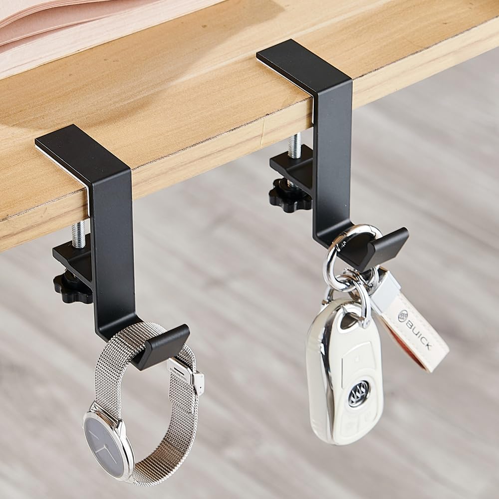 2Pcs Clamp-On Under Desk Headphone Holder Students' Desk Hook Women's Bag Hook with Adjustable Arm Clamp Backpack Handbag and Purse Holder - Suitable for Plate Between 1-5cm / 0.4-1.96” - White