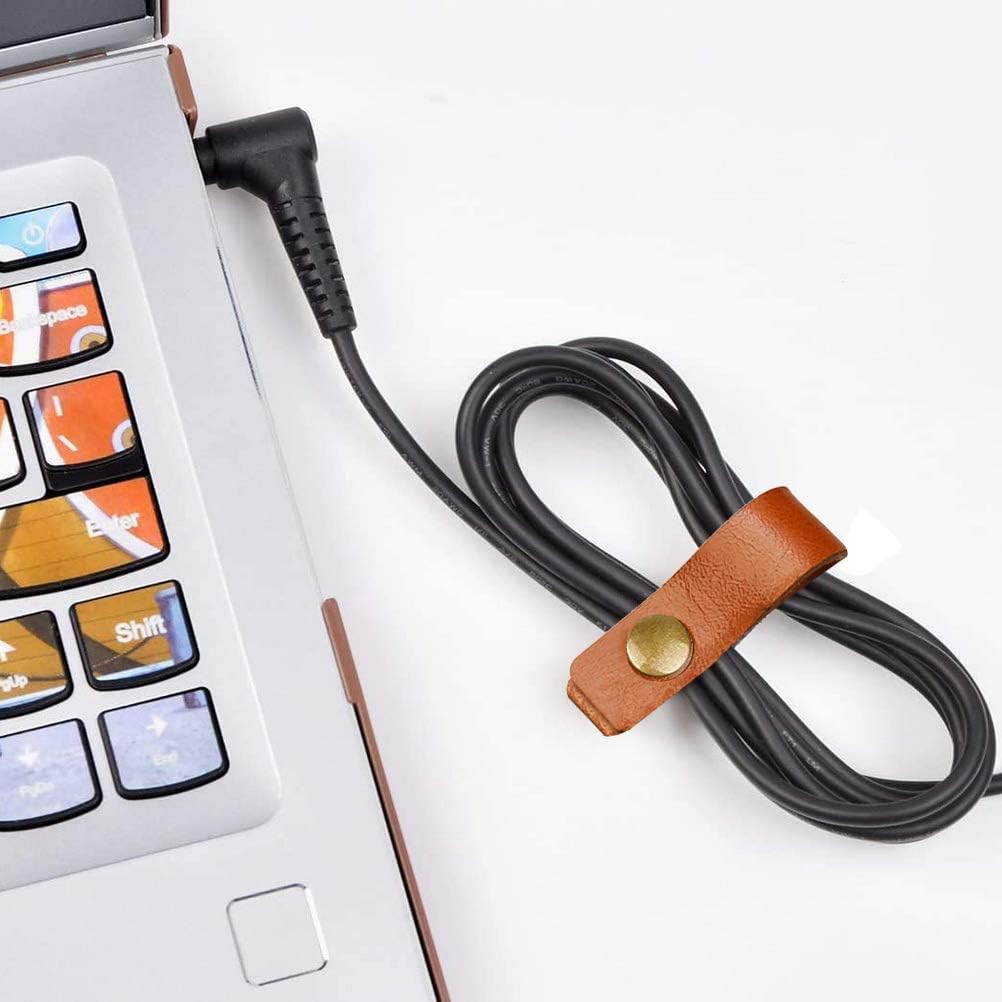 10 Pcs Cord Organizer, Portable Leather Cable Cord Stocking Stuffers for Men USB Straps Earphone Winder with Leather Handmade (Brown/white)