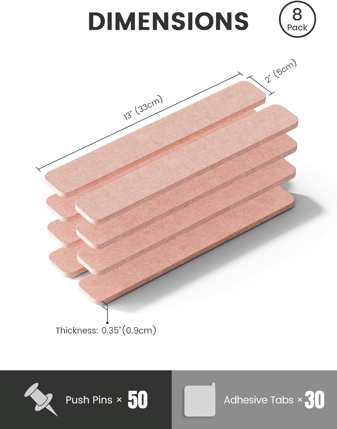 Fluxynara Cork Board Alternative Felt Strip Board 8-Pack 13"x2", Office Pin Board with 50 Push Pins, Adhesive Install for Bedroom Door & Home Office(Linen Dusk)
