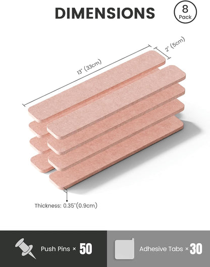 Fluxynara Cork Board Alternative Felt Strip Board 8-Pack 13"x2", Office Pin Board with 50 Push Pins, Adhesive Install for Bedroom Door & Home Office(Linen Dusk)