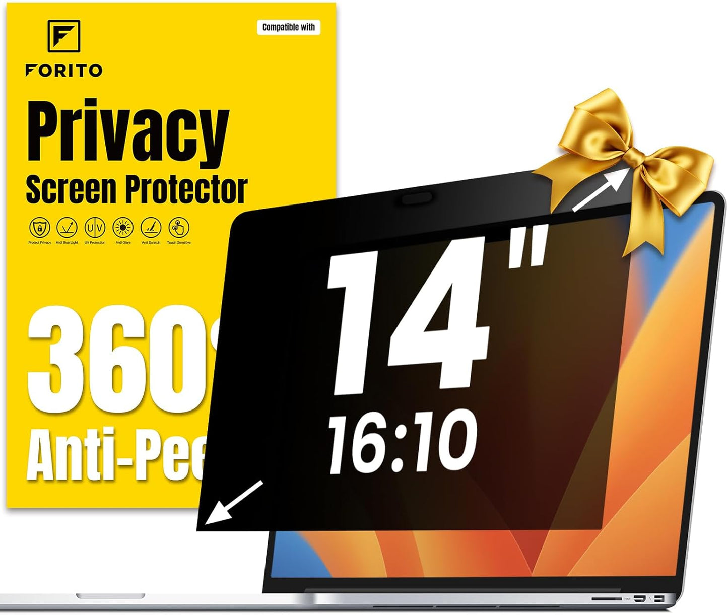 F FORITO 16 Inch 16:10 360° Laptop Privacy Screen Protector, Anti Peeping and Anti Glare Laptop Privacy Shield, Reduce Eye Strain & Eye Protection