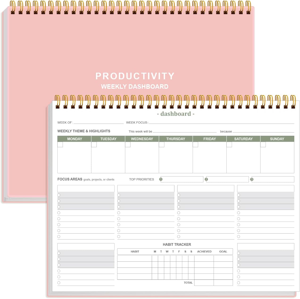 Weekly Productivity Dashboard - 8.5" x 11" Dashboard Desk Notepad Has 6 Focus Areas to List Tasks for Goals, Projects, Clients, Academic or Meal-Organize Your Daily Work Efficiently, 54 Weeks, Green