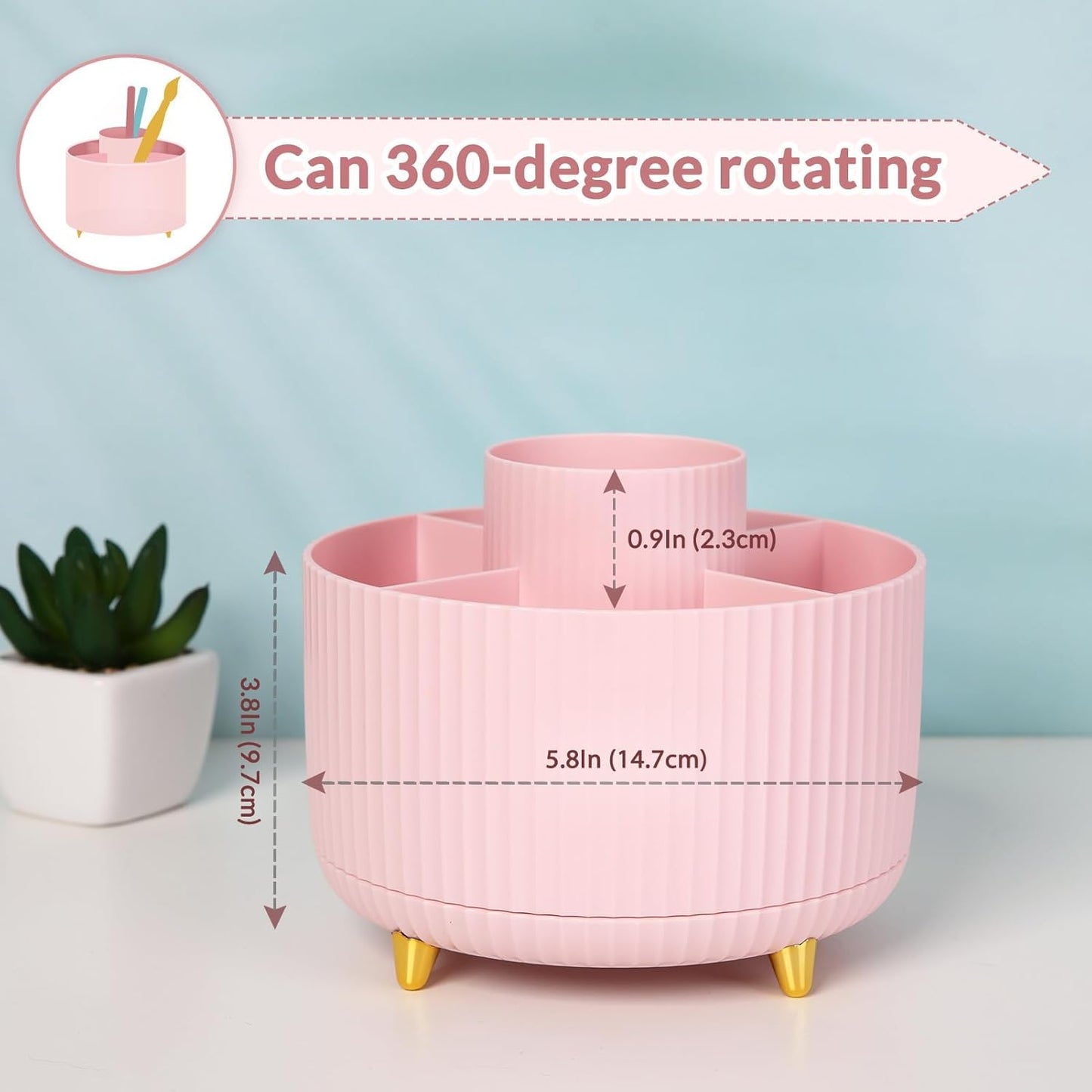 SKYDUE 360 Rotating Plastic Desk Pen Organizer with 5 Slots, Dual-Purpose Art Supply Pencil Cup for Office, School, Home