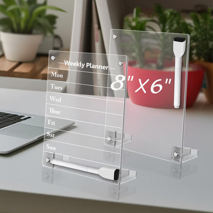 2PCS Clear Acrylic Weekly Dry Erase Board Desktop, 8x6 Small Magnetic Whiteboard with Stand for Table Calendar Memo Board for Fridge, Office, School, Home