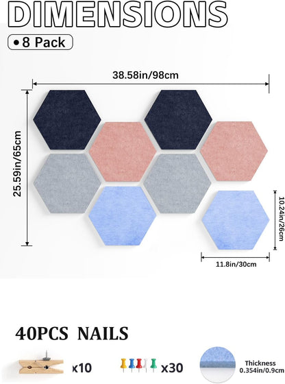 8 Pack Hexagon Felt Bulletin Board Tiles - 12" Large Thick Pin Board for Walls with 30 Push Pins, DIY Boards for Office Home School Decor, Aesthetic Hex Cork Board Alternative