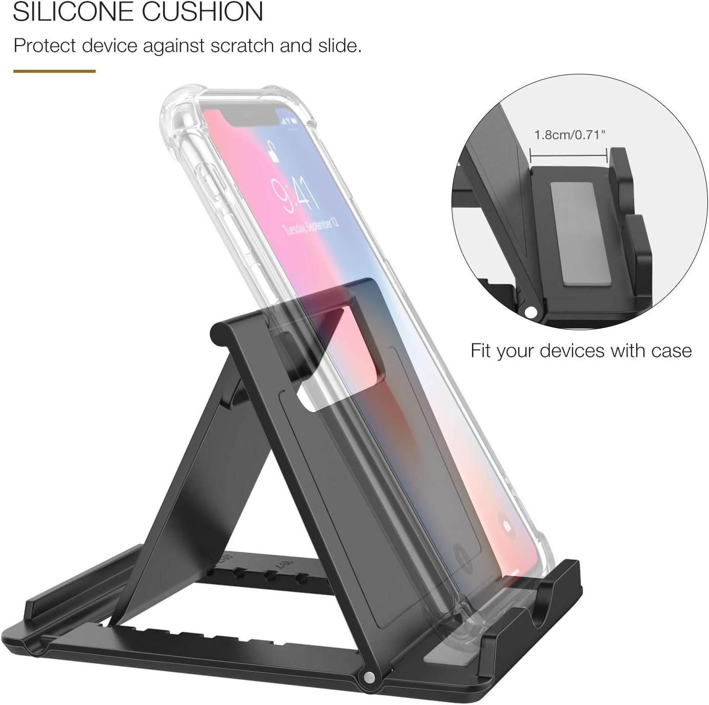 MoKo Phone/Tablet Stand, Foldable Tablet Holder Compatible with iPhone 17/17 Air/17 Pro/17 Pro Max, iPhone 16/Pro/Pro Max/Plus, iPhone 15/Pro/Pro Max/Plus, iPhone 14/Pro/Pro Max/Plus, Black