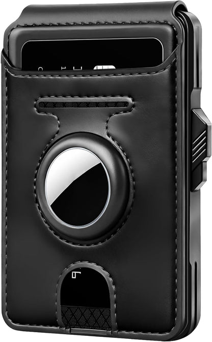 RFID Wallet for Men with AirTag Holder - Brushed Aluminum Pop Up Card Holder, Slim Money Clip Wallet Fits Front Pocket with ID Window, Holds 11 Cards and Cash, Gift for Men