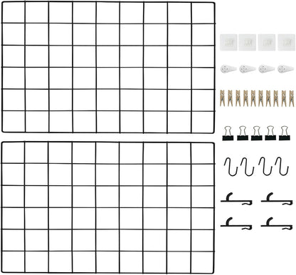CIKLCIX Metal Grid Wall Panel, Wire Grid Photo Display Organizer, 17.3"×11.8" Gold Wire Board Grid Wall, Grid Picture Frame, 2-Pack Wire Mesh Memo Board With Clips and Hooks