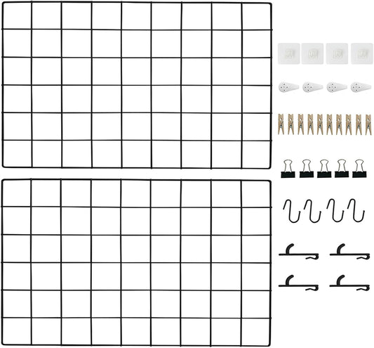 CIKLCIX Metal Grid Wall Panel, Wire Grid Photo Display Organizer, 17.3"×11.8" Gold Wire Board Grid Wall, Grid Picture Frame, 2-Pack Wire Mesh Memo Board With Clips and Hooks