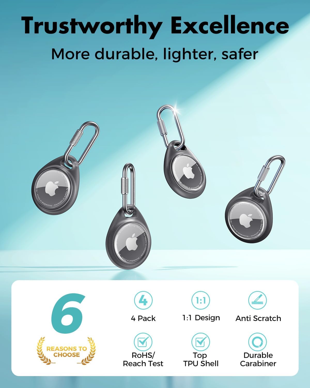UNBREAKcable AirTag Holder for Apple - 4 Pack Air Tag Case [Professional Carabiner] [Waterproof] [Shockproof] TPU AirTag Keychain for Kids, Pets, Keys, Luggage, Backpacks