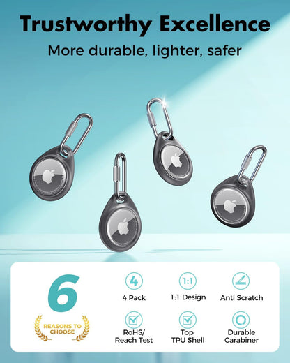 UNBREAKcable AirTag Holder for Apple - 4 Pack Air Tag Case [Professional Carabiner] [Waterproof] [Shockproof] TPU AirTag Keychain for Kids, Pets, Keys, Luggage, Backpacks