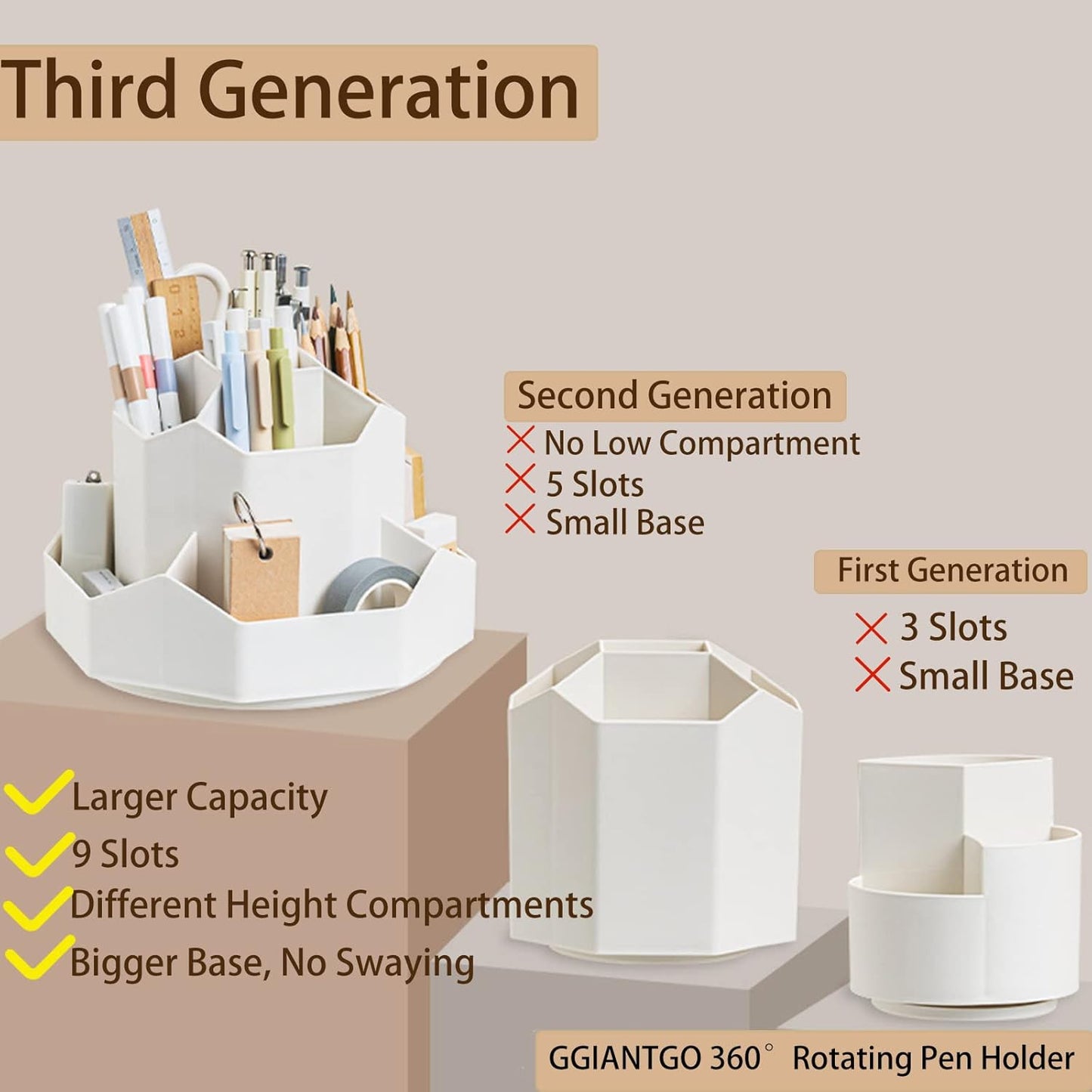 Rotating Desk Organizer, 360° Rotating Pencil Pen Holder for Desk, Desk Organizers and Accessories with 11 Slots Pencil Organizer, Art Supply Storage Box Caddy for Office (Beige)