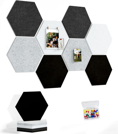 8 Pack Hexagon Felt Bulletin Board Tiles - 12" Large Thick Pin Board for Walls with 30 Push Pins, DIY Boards for Office Home School Decor, Aesthetic Hex Cork Board Alternative