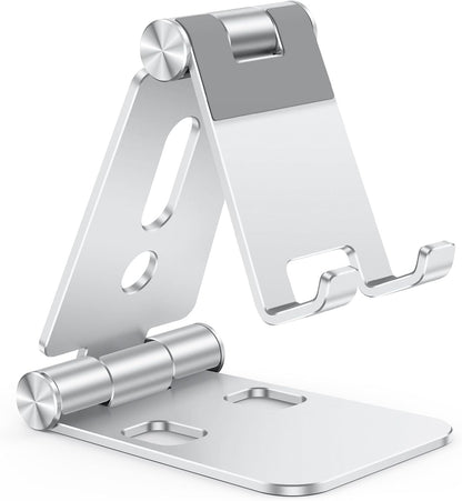 OMOTON Foldable Cell Phone Stand, C4 Portable Aluminum Phone Holder, Adjustable Phone Dock Cradle for iPhone 17/16/15 Pro Max Air, Small Tablets, Smart Phones, Women Men Gift for Fathers Day, Silver
