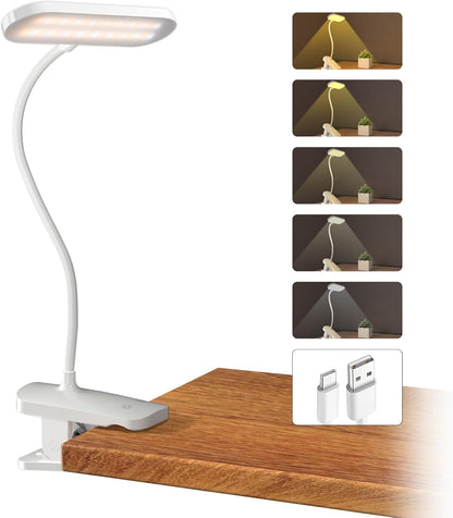 CUHIOY Desk Lamp Clip on Reading Light, USB-C Battery-Operated Rechargeable Table Lamps with Clamp for Dorm Home Office, 38LEDs Bed Headboard Light, 5 Colors 5 Brightness, Flexible Gooseneck (Black)