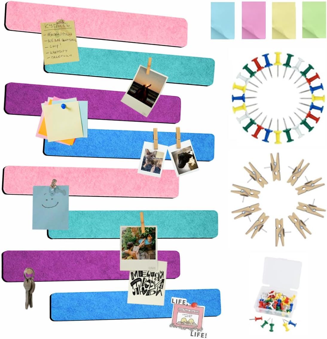Vuzvuv 8 pcs Bulletin Board Bar Strips with 50 Pushpins & 10 Wooden Clip pins，Self Adhesive Cork Board for Wall，Felt Pin Board for School，Office Decor（Black White Grey）