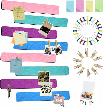 Vuzvuv 8 pcs Bulletin Board Bar Strips with 50 Pushpins & 10 Wooden Clip pins，Self Adhesive Cork Board for Wall，Felt Pin Board for School，Office Decor（Black White Grey）