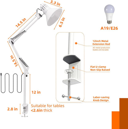 Desk Lamp With Clamp for Home Office, Eye-Caring Clip on Light with Adjustable Extra Tall Metal Swing Arm, High Intensity Clamp Lamp w/LED Bulb, Architect Task Table Lamps for Study, Workbench-B/5000k