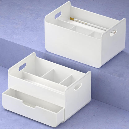 ARTEZA Desktop Pen and Marker Organizer, 6-Compartment White Pen Holder for Desk with Stationery Drawer, Makeup Organizer