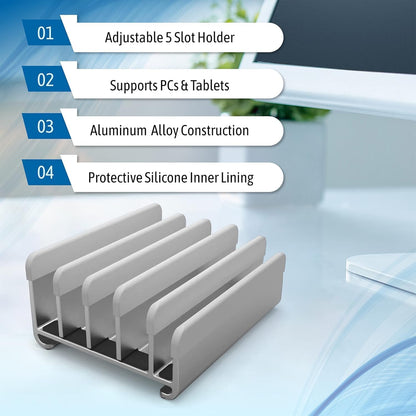 Elestoria 5- Slot Vertical Laptop Stand - Aluminum Laptop Stand Vertical for Desk - Adjustable Width (12-38mm) Fits MacBook Pro/Air, Surface & Gaming Laptops upto 17.3"-Heavy Duty Laptop Holder-Silver