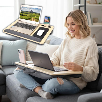 Japard Laptop Lap Desk with Mousepad, Cushion, Wide 21", Fits up to 15.6 inch, Portable Handle, Tablet Pen Phone Holder Wood Natural Home Office Gift