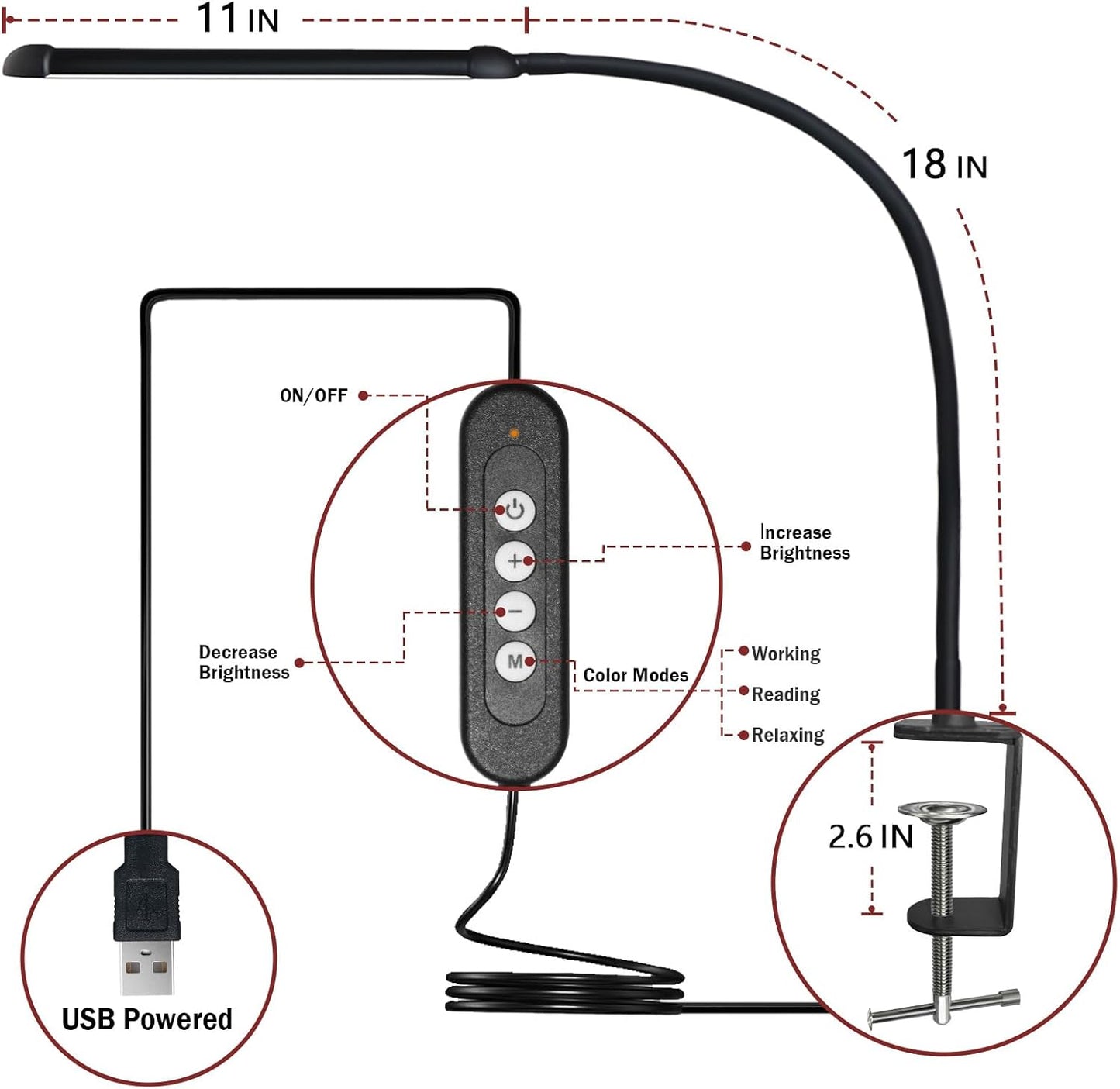LED Desk Lamp with Clamp, Clamp Light with Adjustable Color Modes, Clip on Light with Long Flexible Gooseneck, Eye Care Lamp Clamp for Study, Work, Home, Office, Black, Metal, 12W