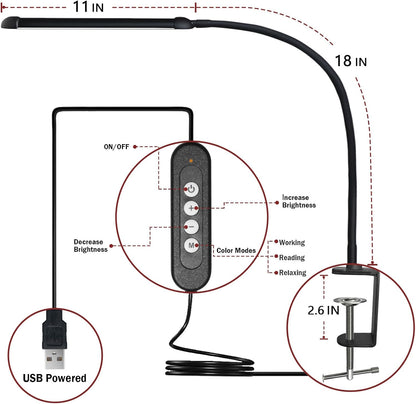 LED Desk Lamp with Clamp, Clamp Light with Adjustable Color Modes, Clip on Light with Long Flexible Gooseneck, Eye Care Lamp Clamp for Study, Work, Home, Office, Black, Metal, 12W